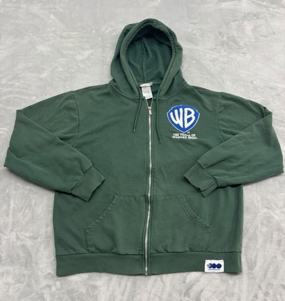 Warner Bros Hoodie Mens XL Green Full Zip 100 Years Looney Tunes Graphic